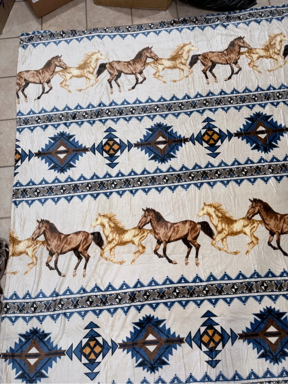Queen Southwest tribal Aztec Horses Plush fleece Blanket - Turquoise & Brown